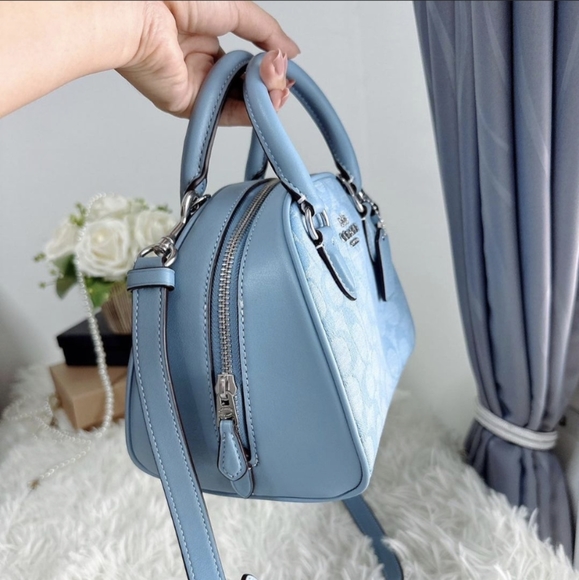 COACH CH140 Sydney Satchel Bag In Signature Chambray &Leather Cornflower Blue - Picture 5 of 7